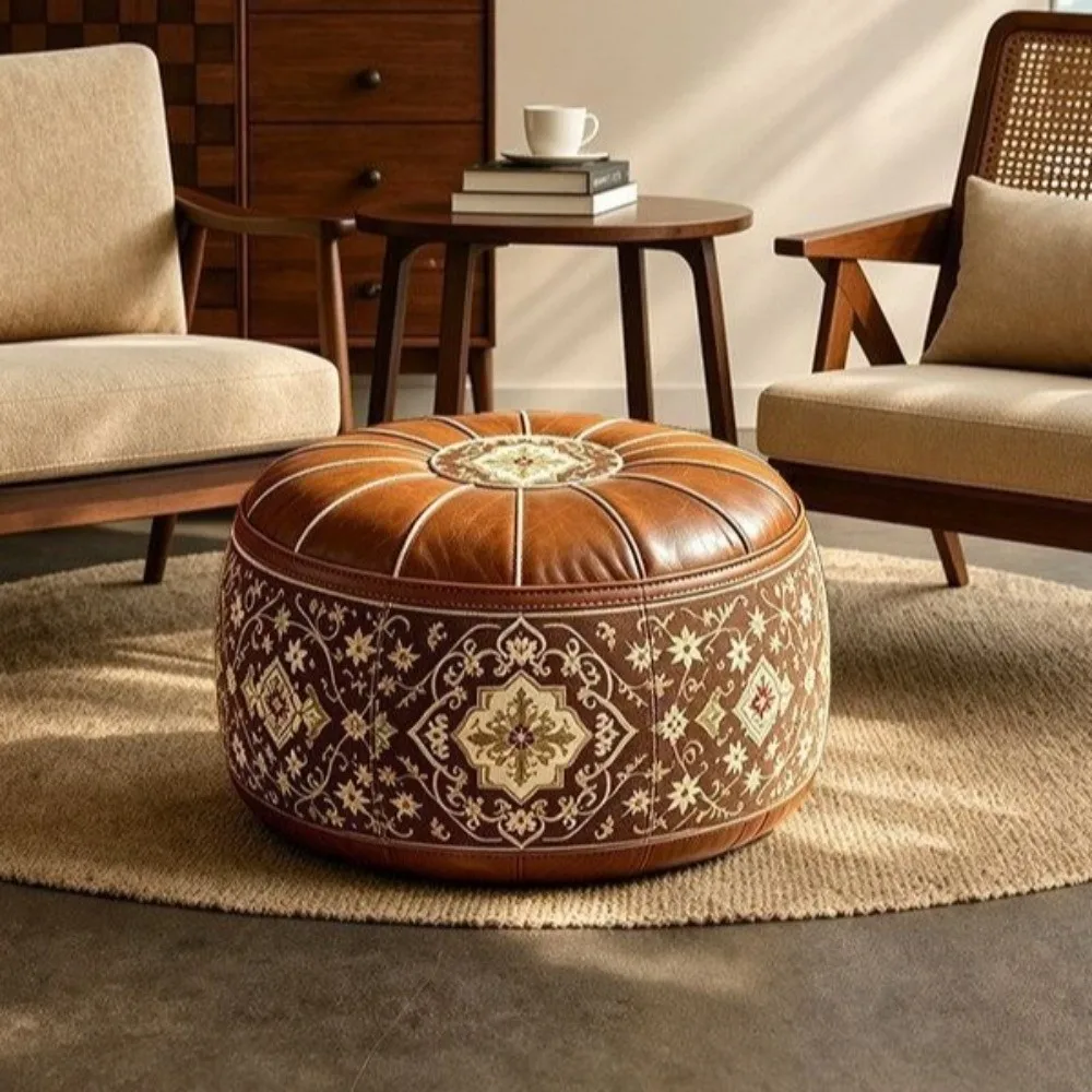 PU Leather Round Sofa Stool Cover Vintage Space-Saving Seat Cushion Cover Unfilled Waterproof Tatami Sitting Mat Apartment