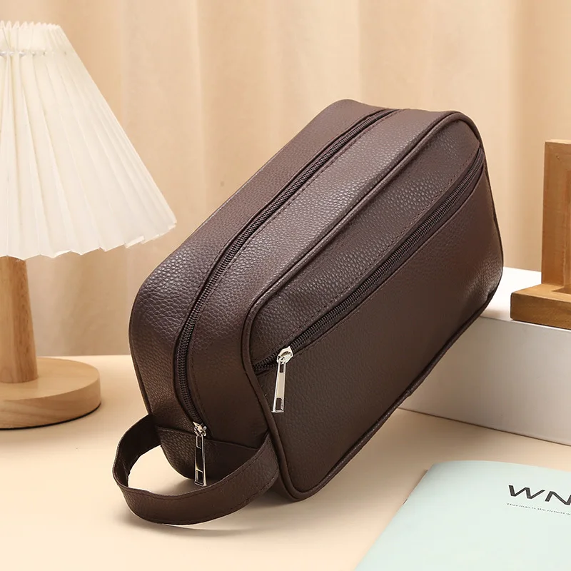 Large PU Leather Cosmetic Bag for Men Women Fashion Solid Waterproof Phone Wristlet Bag Travel Casual Toiletry Bag Handbags