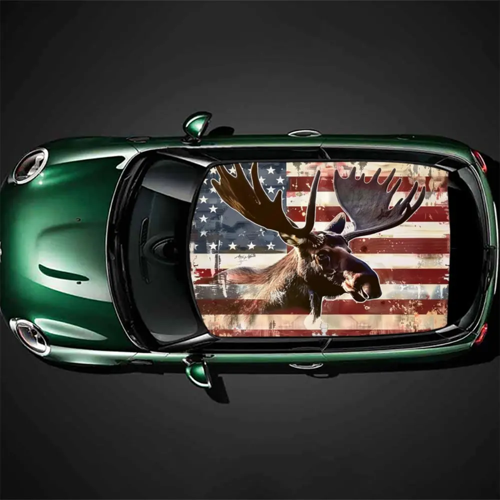 Deer and American Flag Car Roof Sticker Wrap Racing SUV Auto Accessories Packaging PVC Car Hood Graphic Decal Decoration Gift