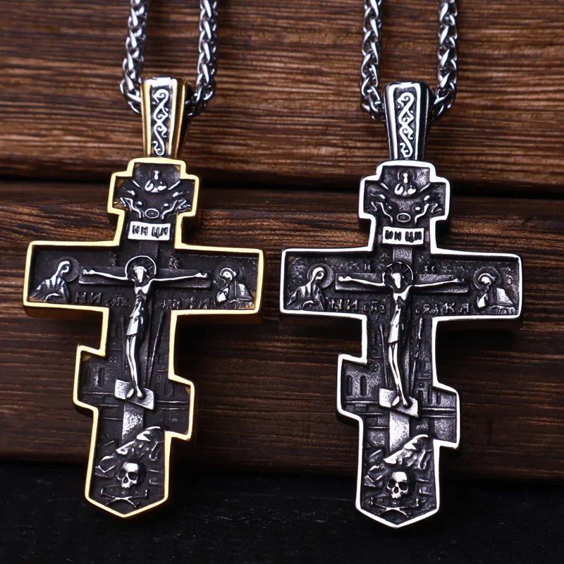 Vintage Stainless Steel Cross Jesus Pendant Necklace for Men Punk Amulet Orthodox Cross Necklace Charm Jewelry Gift Wholesale