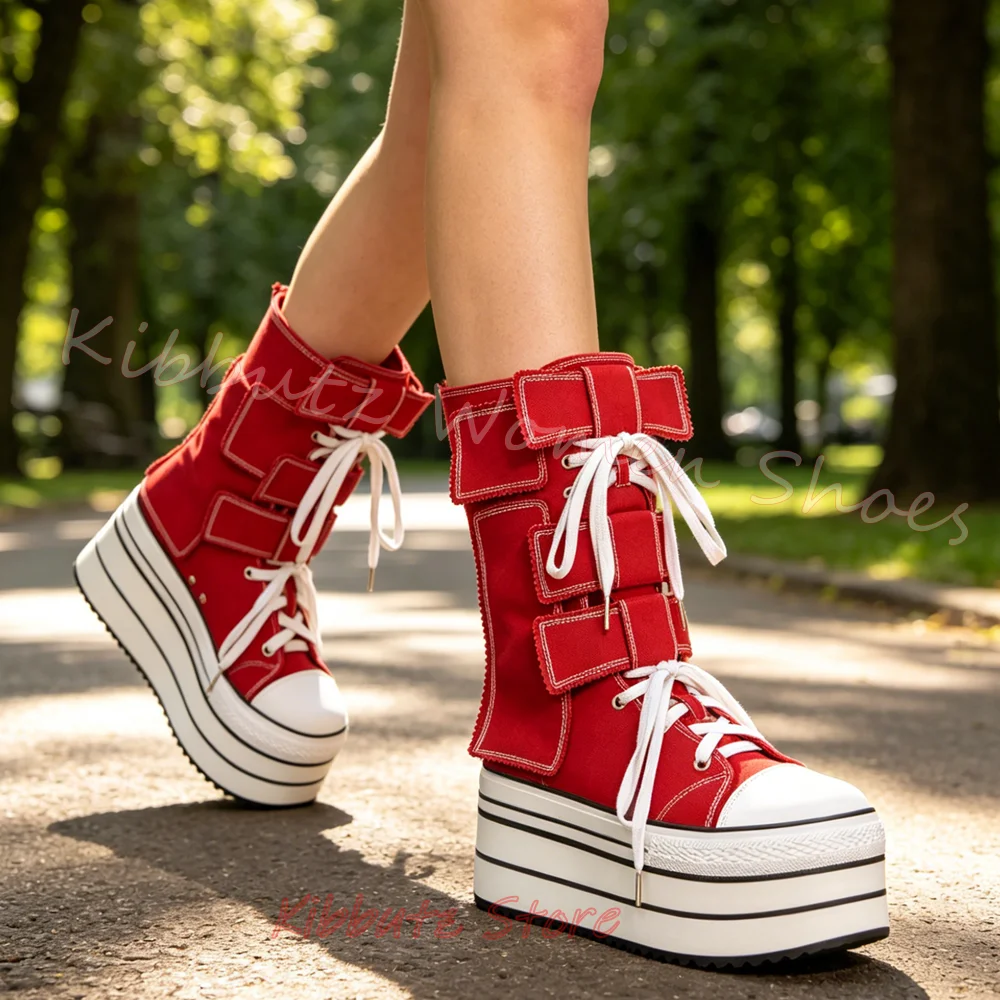 Canvas Platform Boots Knee High Lace Up Punk Thick Sole Rivet Embellished Casual Streetwear Y2K Gothic Women Shoes Lace-Up