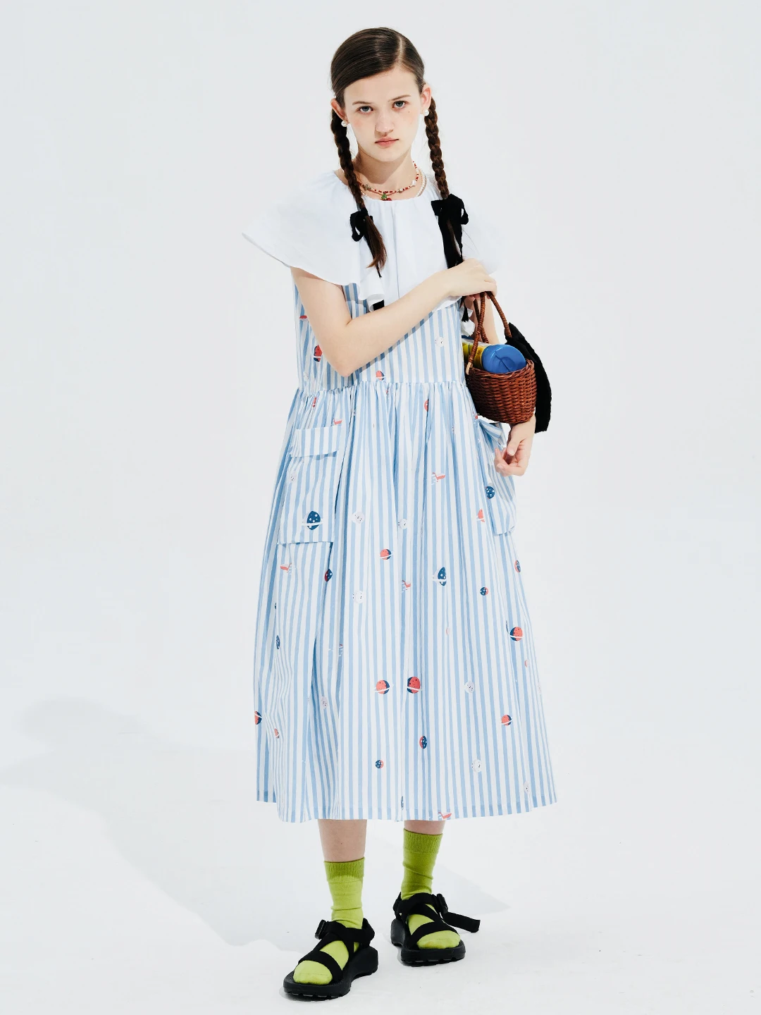 imakokoni 2024 Pure Cotton Blue Stripe Color Block Round Neck Sleeveless Dress Vest Skirt 244672