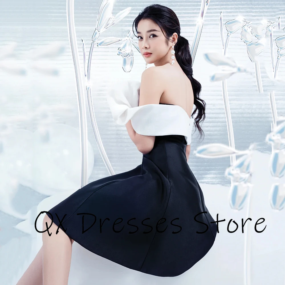 맞춤형 오프 숄더 대비 색상 이브닝 드레스 민소매 A 라인 새틴 파티 드레스 등이 없는 발목 길이 댄스 파티 드레스