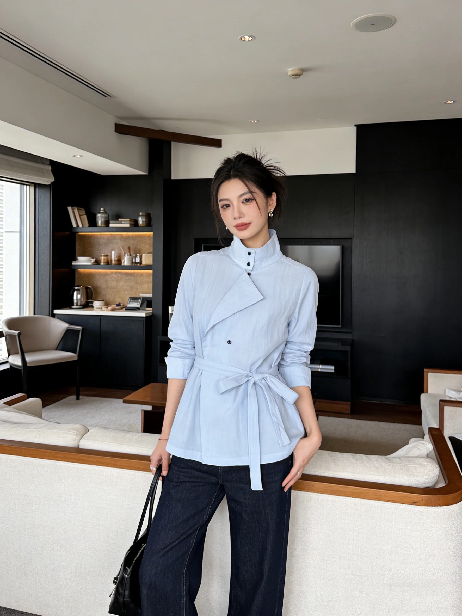 

Синяя женская повседневная рубашка с длинным рукавом, воротником-стойкой и поясом, в корейском стиле, дышащая, удобная, для весеннего повседневного использования