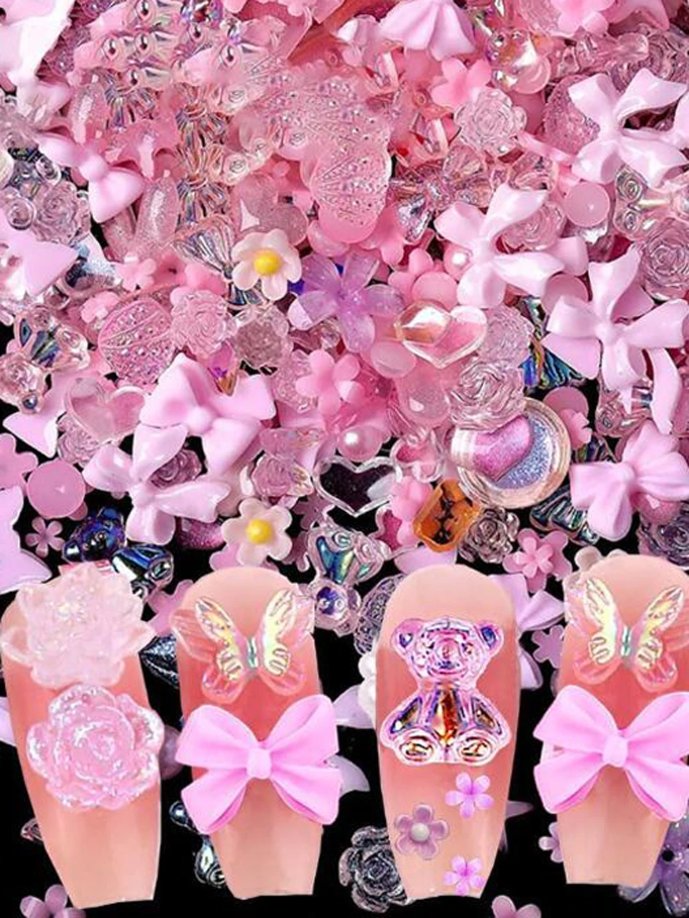 500-600 pièces mélangées Aurora rose arc/fleur breloques pour ongles 50g Kwaii résine papillon, nœud papillon Y2K Nail Art décorations bricolage manucure partie