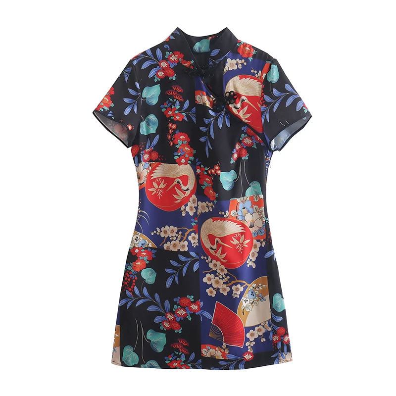 SIYANG Vintage Print Knot Chinese Dresses Women Elegant Short-Sleeved Mini Dress Ladies Chic Outfits