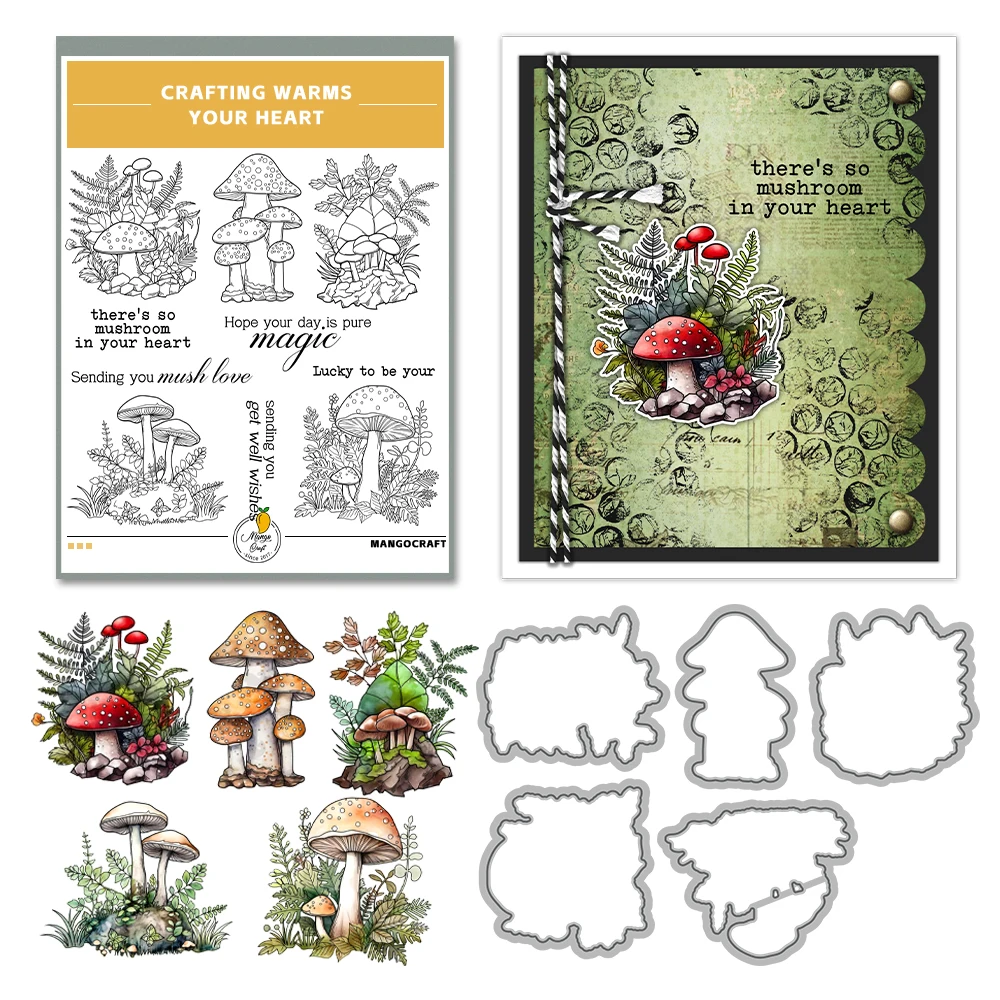 Mangocraft Autumn Nature Mushrooms Cutting Dies Clear Stamp DIY Scrapbooking Supplies Metal Dies Silicone Stamp Cards Albums
