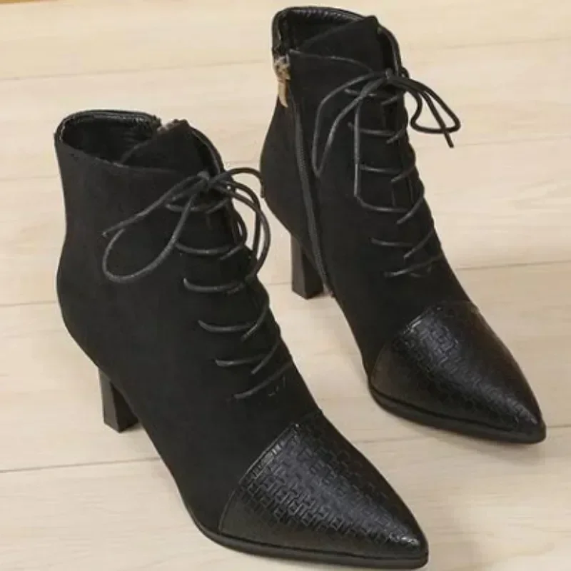 

2025 Winter Hot Front Lace-up Women's Boots Fashion Side Zipper Office and Career Sexy Pointed Toe High Heels Shoes for Women 40