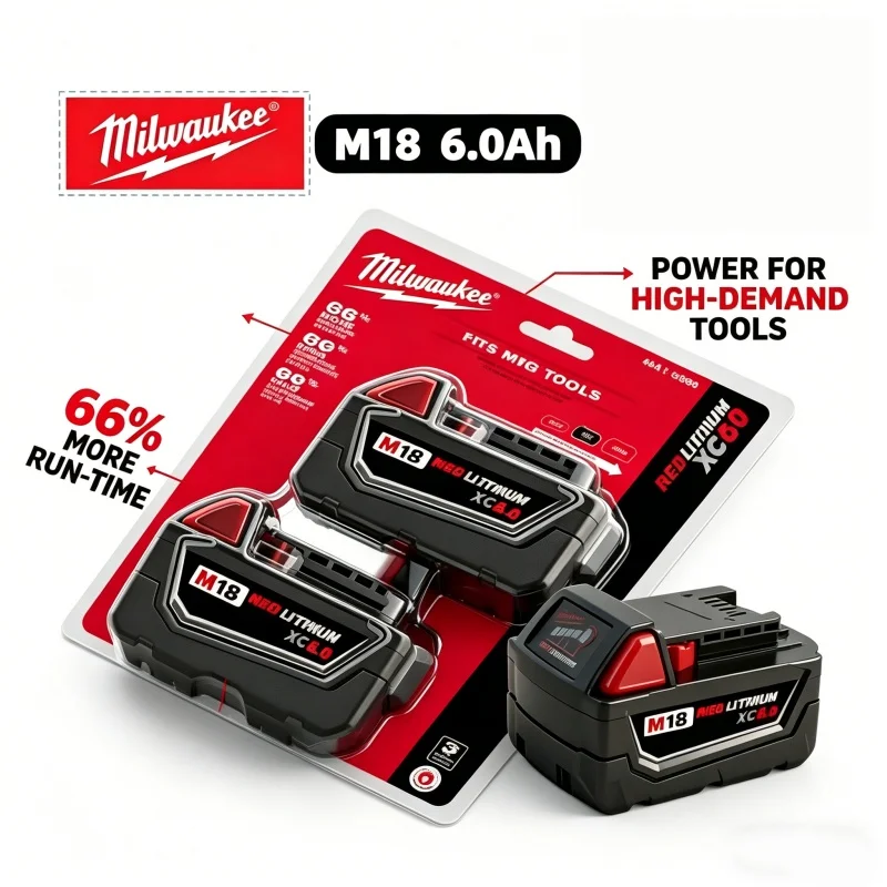 

Long Cycle Life Milwaukee M18 Battery 18V 6.0Ah 6000mAh Li-ion Replacement M18B5 M18B6 for All Milwaukee Power Tool Devices