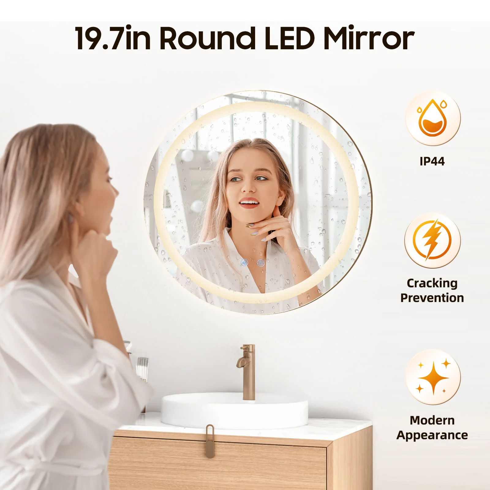 LED Lighted Round Bathroom Mirror, 3 Colors Light Dimmable Wall Mounted Mirror with Lights Smart Anti-Fog with Touch Switch