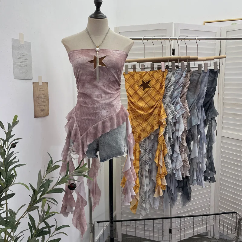 Top Tupe de malla con estampado de cuadros y bordado de estrellas Vintage para mujer, Top corto sin mangas con cinta y espalda descubierta, ropa de calle para fiesta y club 1290