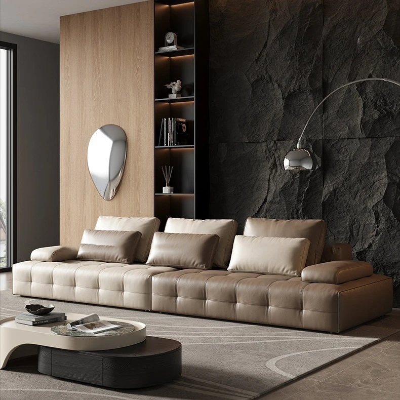 

Leather sofa Italian minimalist first layer cowhide living room straight row light luxury modern three-person sofa