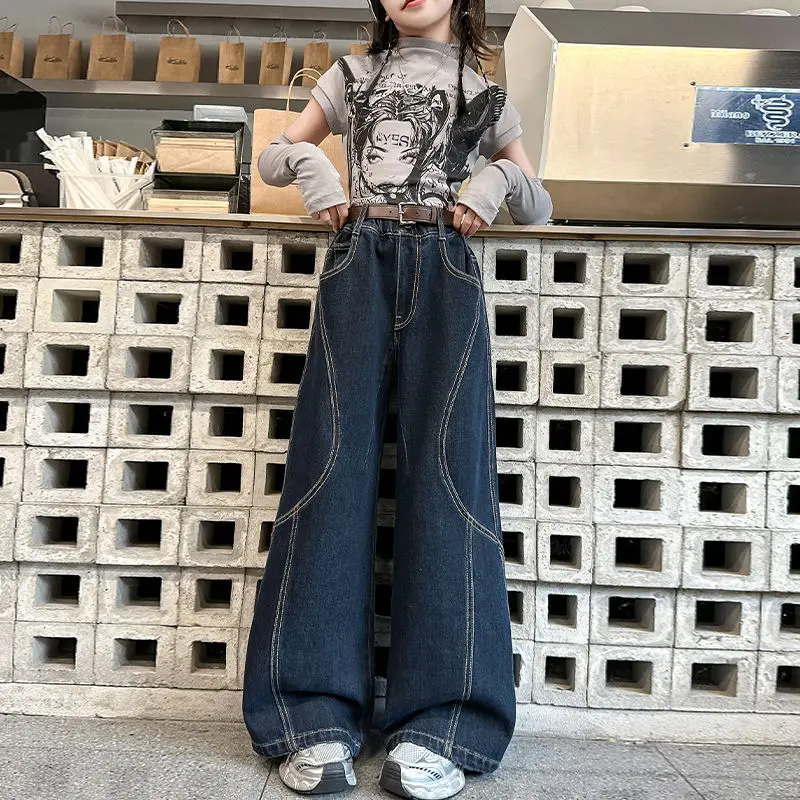 

Новые джинсовые широкие брюки больших размеров для девочек на весну и осень с вышивкой, модные прямые джинсы для детей