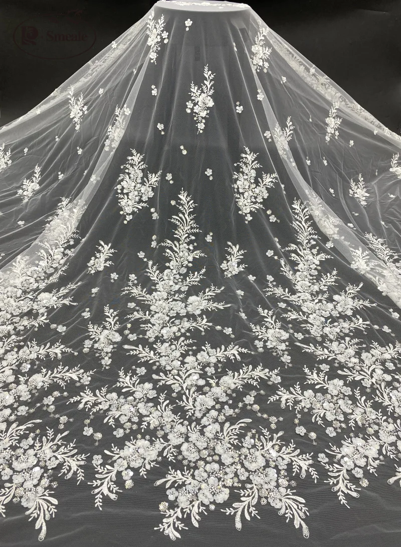 Lace Fabric for Wedding Dress, Bridal Lace Fabric, Flower Leaf, Luxury Beaded Sequins, Advanced Custom Sewing, RS4892, 2023, New