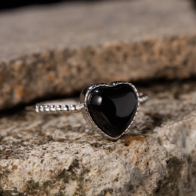 

S925 Sterling Silver Natural Black Onyx Ring Threaded Black Love Open Adjustable Ring Twist Ring Sweet Girl's Gifts for Women