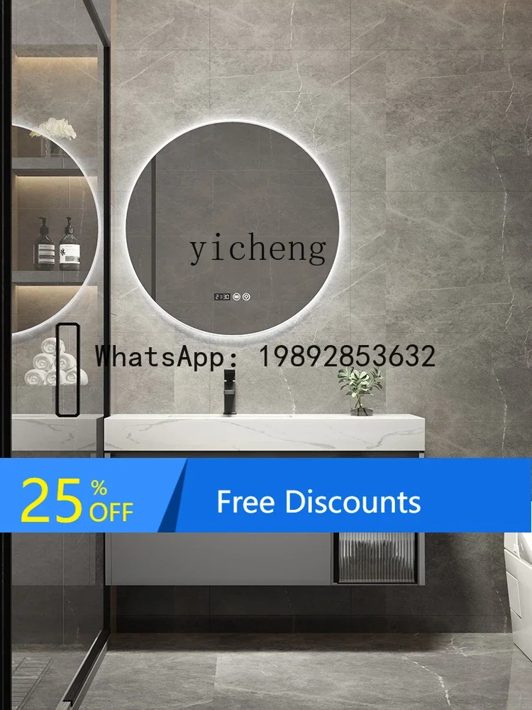 

LYY Stone Plate Ceramic Basin Multi-Layer Solid Wood Gray Modern Minimalist Bathroom Cabinet Combination