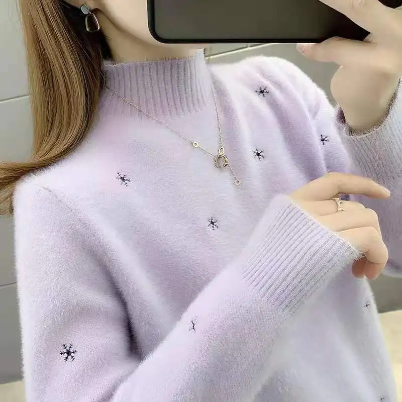Snowflake Embroidery Mock Neck Faux Mink Sweater Women Autumn Winter Loose Thick Warm Inner Knit Tops