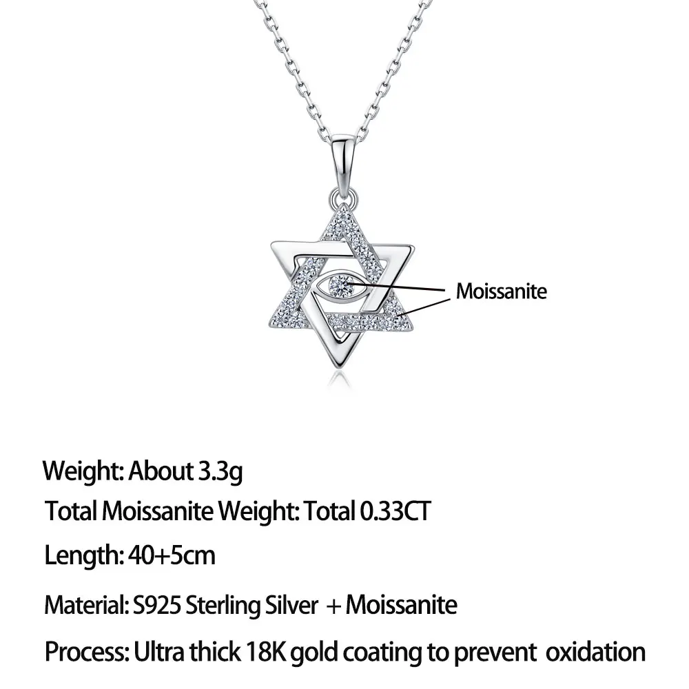 LinkerLove S925 Sterling Silver Moissanite Star of David Pendant Necklace with Evil Eye Design Hexagram Choker Jewelry for Women