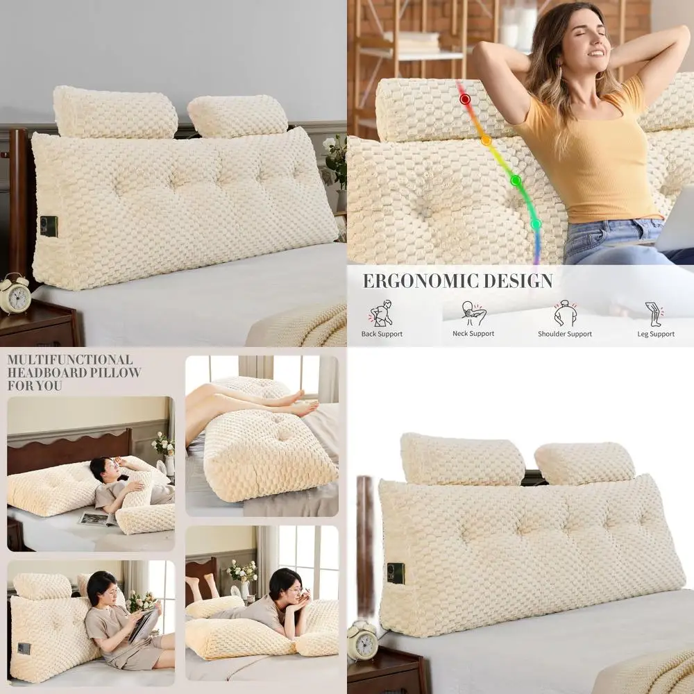 

Bed Wedge Pillow with Neck Roll - Large Triangular Bolster for Headboard Support and Backrest in Beige (54x8x20 Inches)