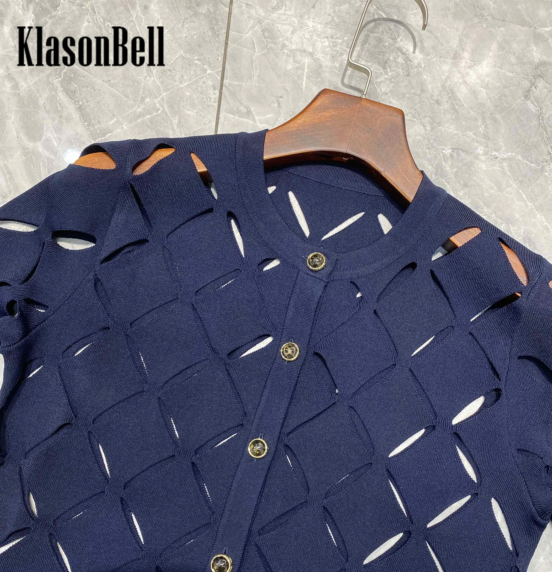 1.8 KlasonBell Temperament Hollow O-Neck Single Breasted Knit Cardigan Solid Color Elegant 2024 Spring Design Office Ladies