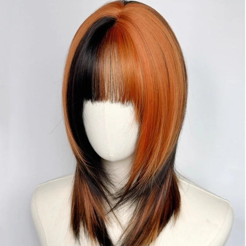 Synthetische Zwart & Vuile Oranje Hoogtepunten Pruik Y2K Subcultuur Pruiken met pony Lolita Cosplay Gelaagde Korte Steil Haar Pruik