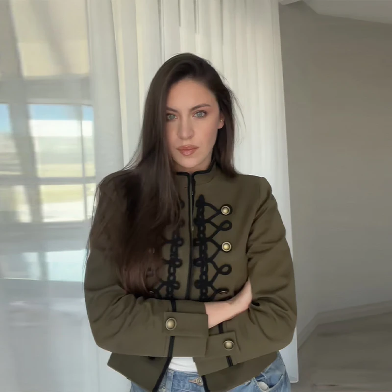 Fashion Green Stand Collar Military Jacket Women Vintage Black Cord Embellished Long Sleeve Coat 2026 Spring New Chic Outwears