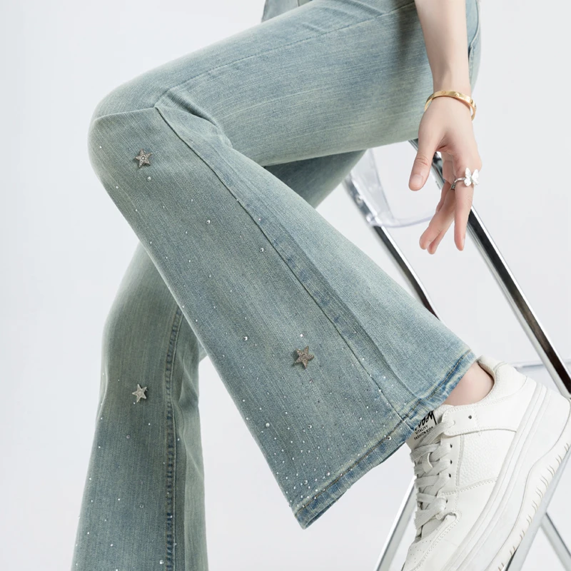 Vintage Rhinestone Boot-Cut Jeans Women Slim-Fit Bodycon High Waist Denim Pants Streetwear Y2K Casual Trousers 2024 New Jeans