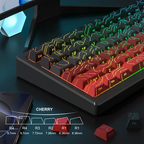 Imagen 2 del producto Teclas con brillo impreso lateral de contorno rojo, perfil de cereza, teclas PBT de doble disparo para interruptores Gateron MX, Teclado mecánico