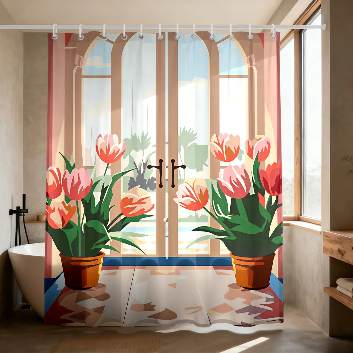 Modern Flat Art Style Potted Tulip Plants Beside Large French Window Outdoor Garden View Pattern Bath curtain Cozy Plush