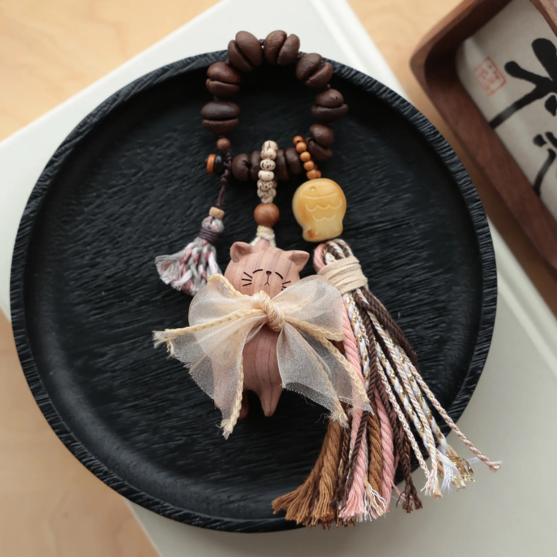 Chinoiserie Auspicious Blood Cedar Wood Cat Pendant Natural Coffee Beads Bodhi Spacer Beads Diy Bracelet Accessory Phone Charm