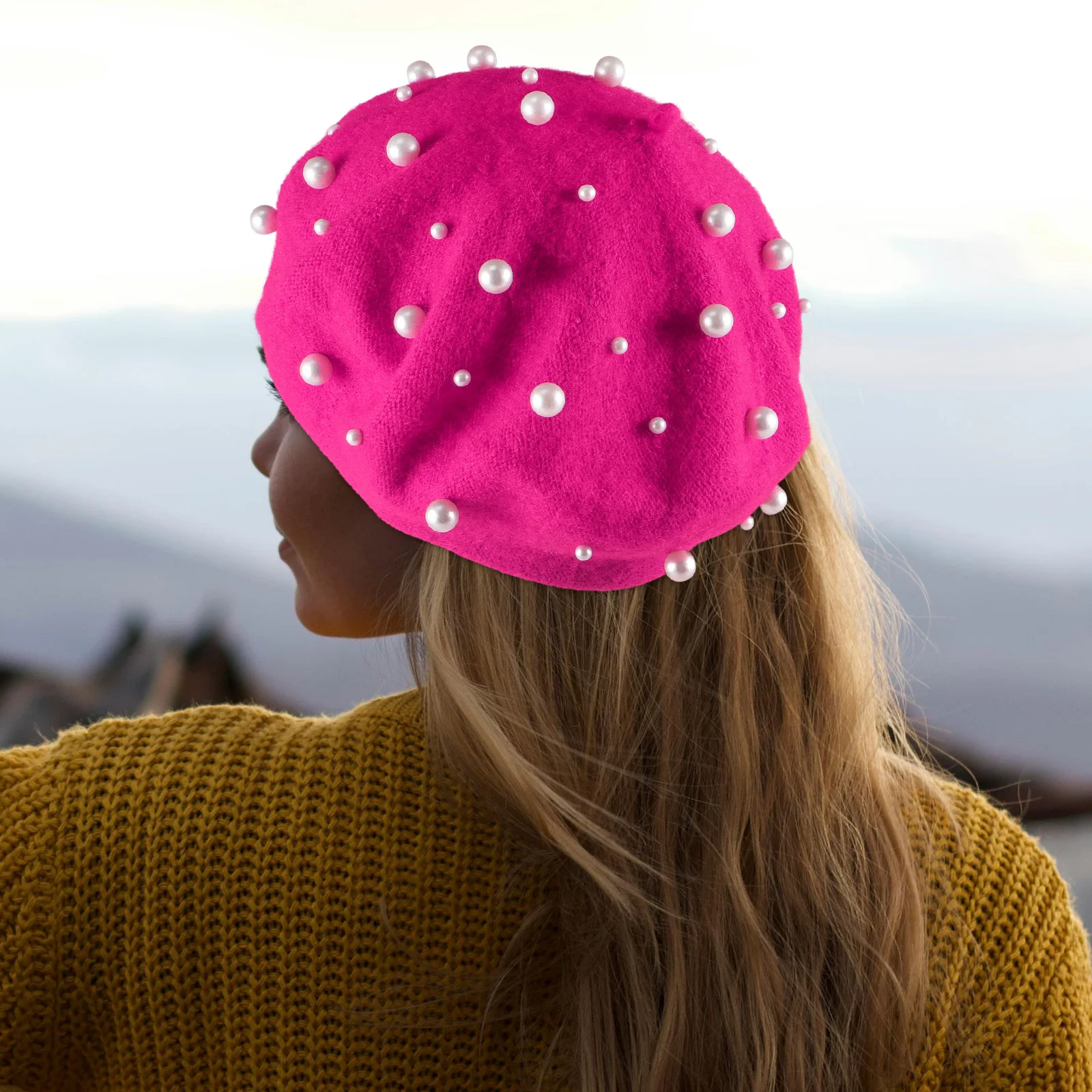 

Pearl Beret Women Autumn Winter Knit Hat Beanie Foldable Warm Wool Cap For Outdoor Activities Rosy Free Size