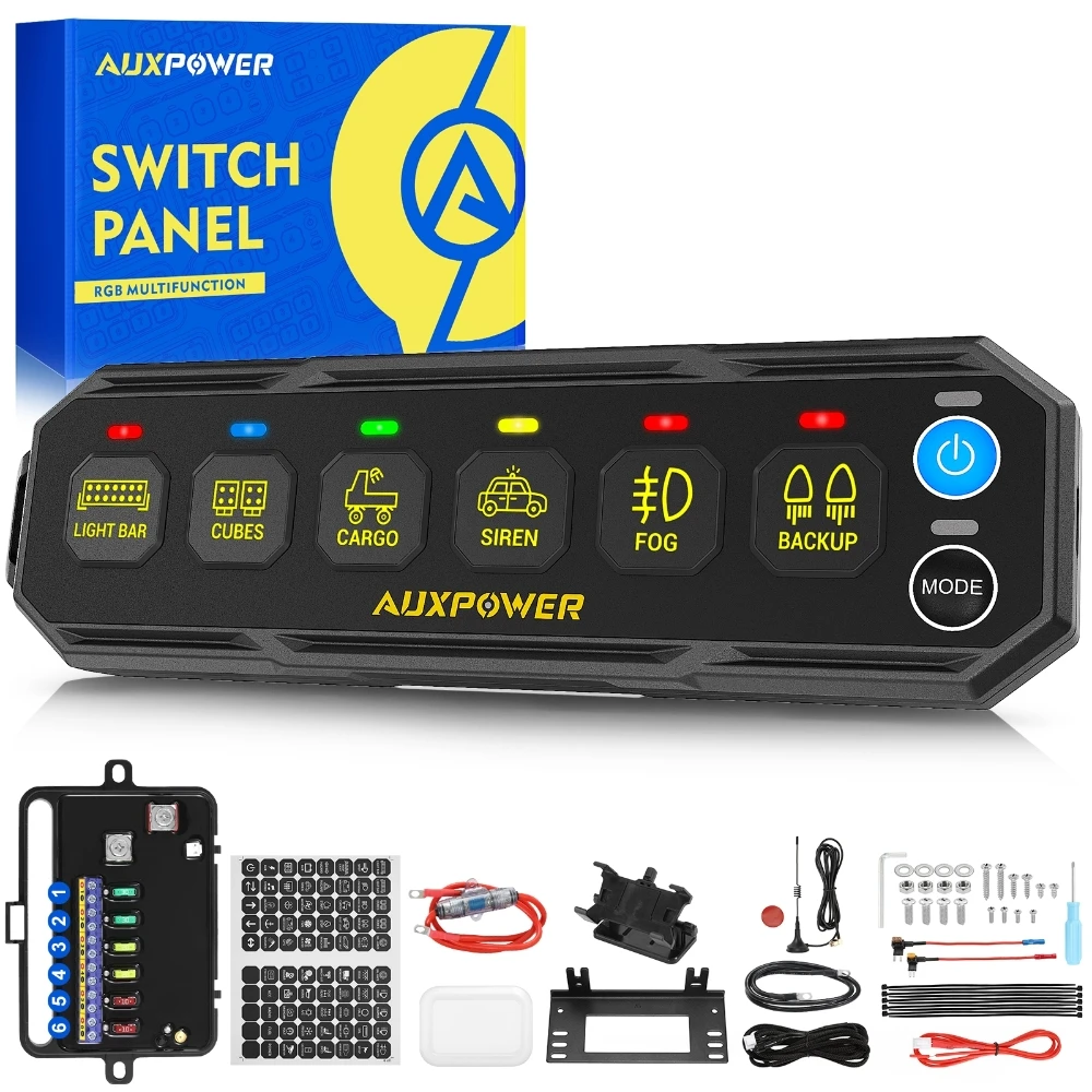 Wireless 6-in-1 Control System 6 Gang RGB Switch Panel for Fog Light, Headlight, Tail Light, Turn Signal , Work Light ON-OFF