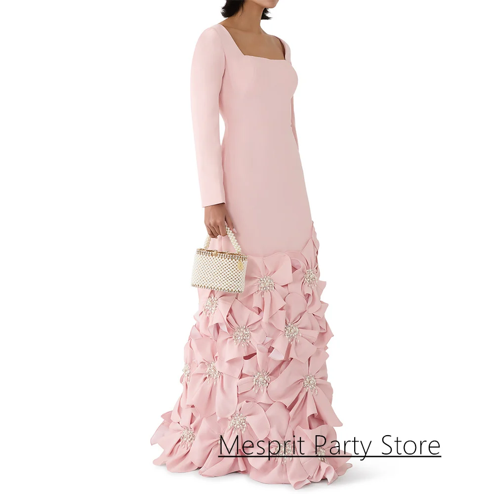 Fashion Pink Evening Dress Customized Square Neck Long Sleeves Pearls Flowers A Line Formal Prom Gown Pageant Party Dresses image 3
