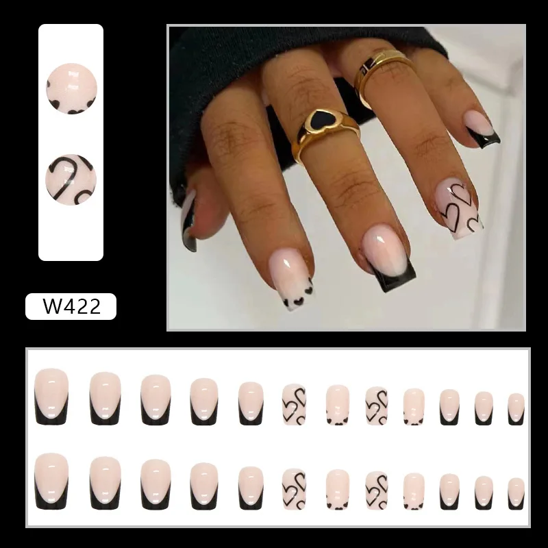 Conjunto de 24 unhas postiças em coração de amor preto, tamanho médio, quadrado, reutilizável, adesivo, manicure francesa, 24 peças