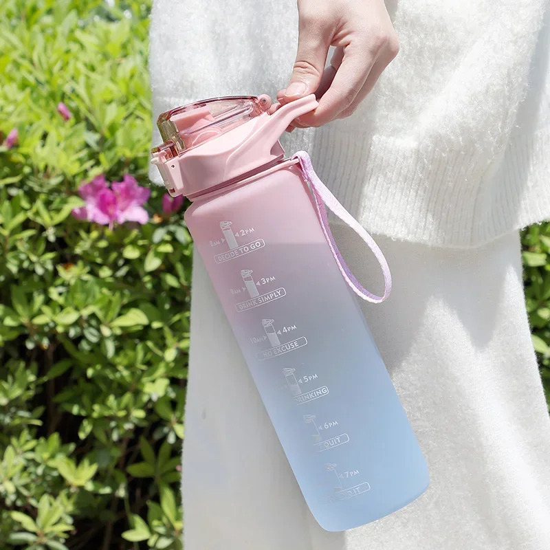 1 Liter Water Bottle with Straw Female Girls Large Portable Travel Bottles Sports Fitness Cup Summer Cold Water with Time Scale