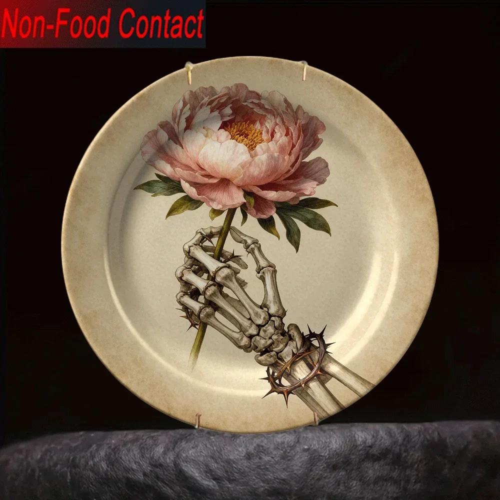 1pc Ceramic Gothic Lady (for lack of a better term) Round Decorative Plate with Hand-Painted Skull & Peony Flower Design -