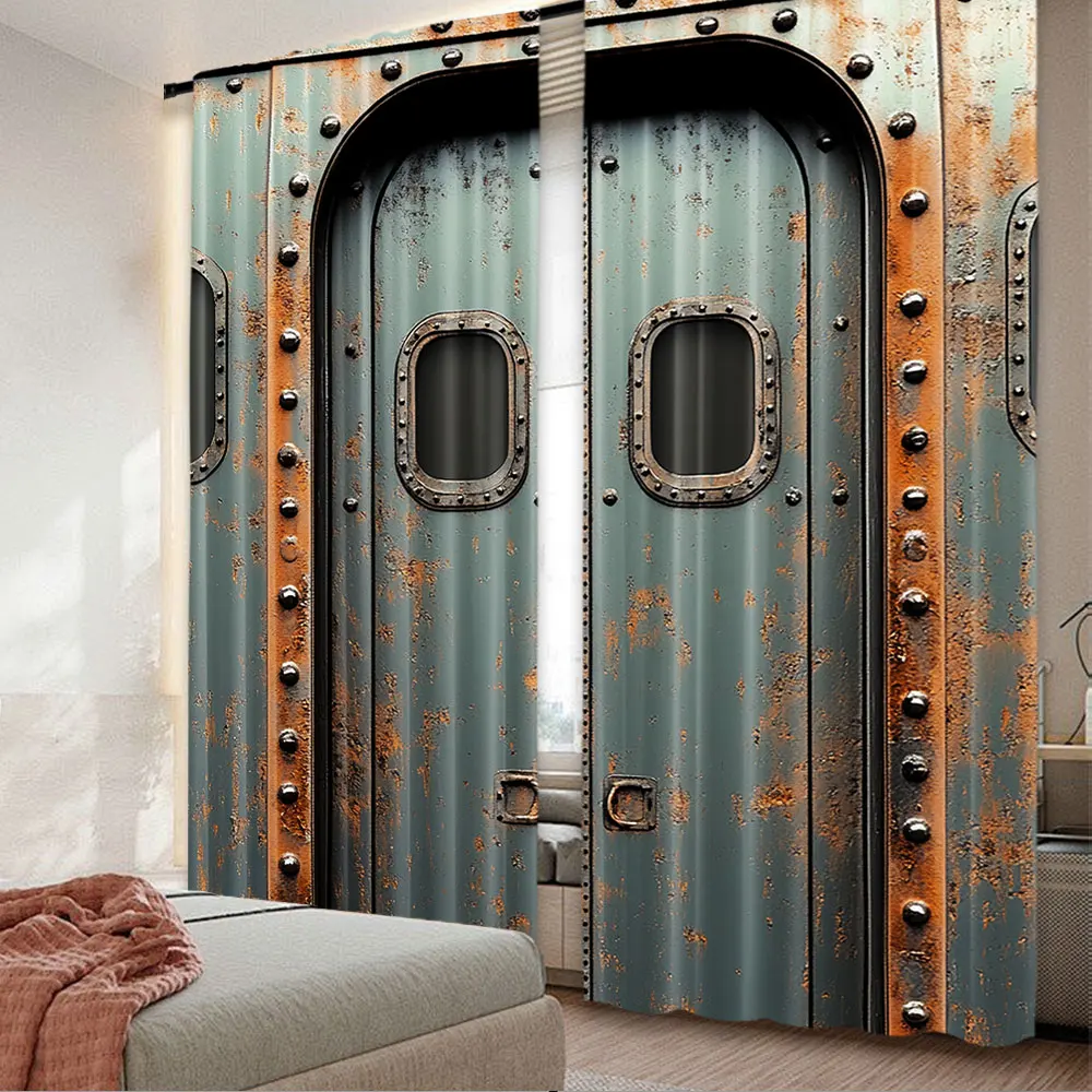 2Pcs Industrial Curtain Vintage Railway Container Door Old Locomotive Transportation Suitable For Bedroom Bathroom Living Room