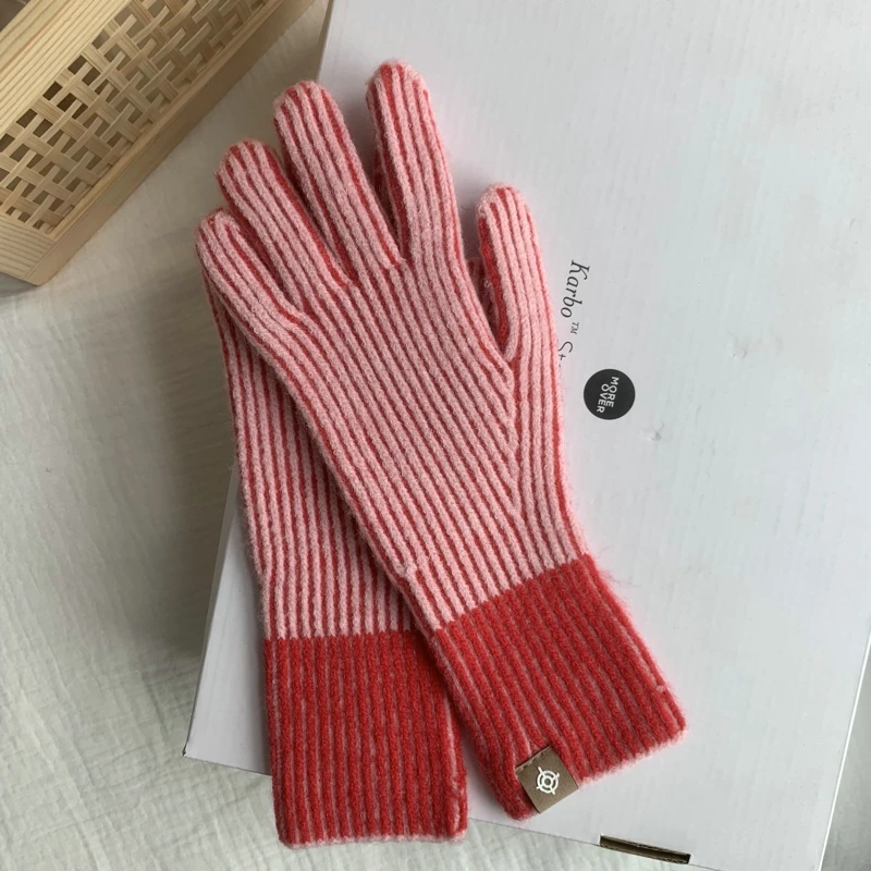 Winter New Touch Screen Gloves Women Thicken Warm Stripe Knitted Stretch Gloves Full Finger Outdoor two-tone Gloves For Women