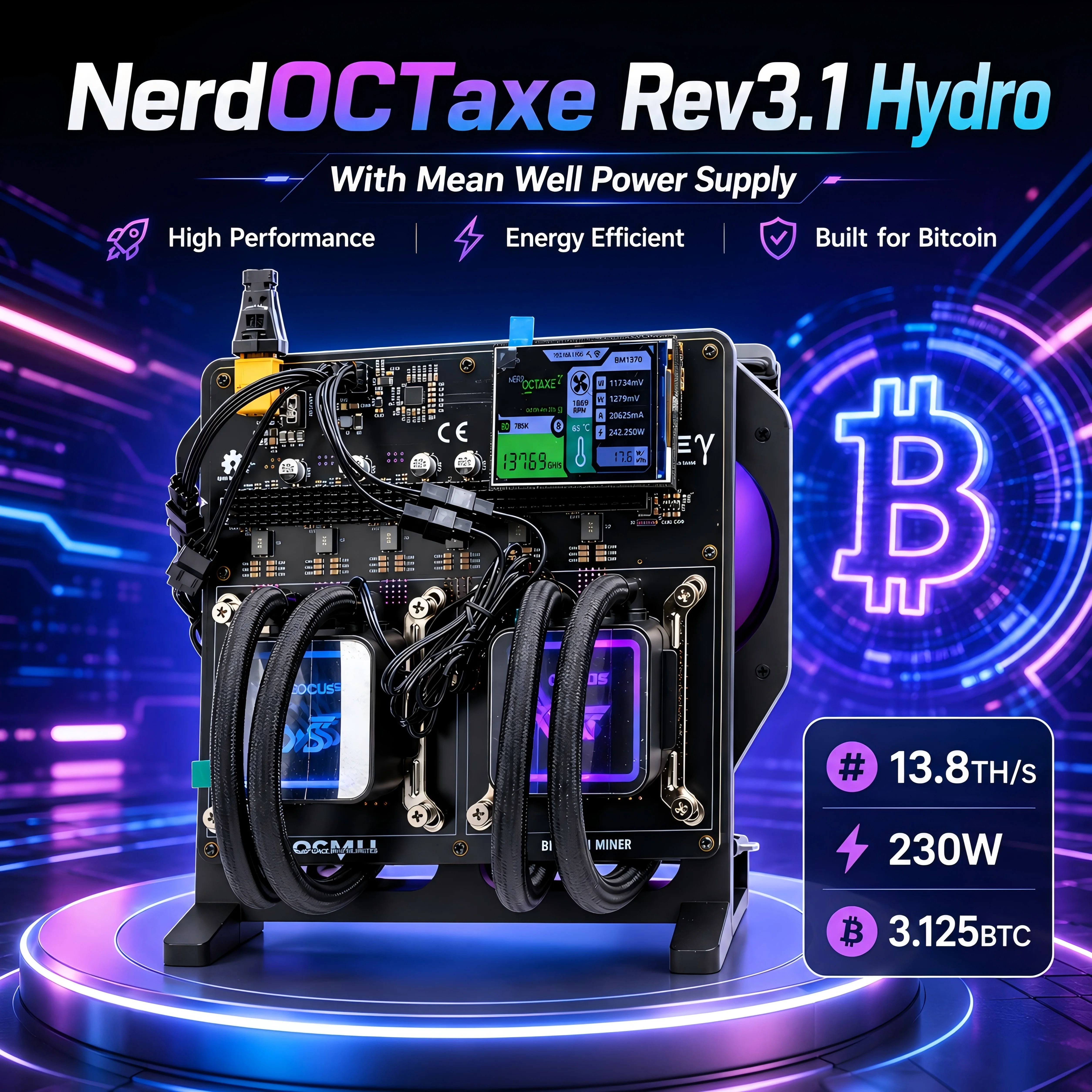 NerdOctaxe Rev3.1 Hydro 13,8 Th/s 230W 3,5-Zoll-Display Bitcoin Solo Miner Bitcoin-Miner für den Heimgebrauch mit Mean Well Netzteil