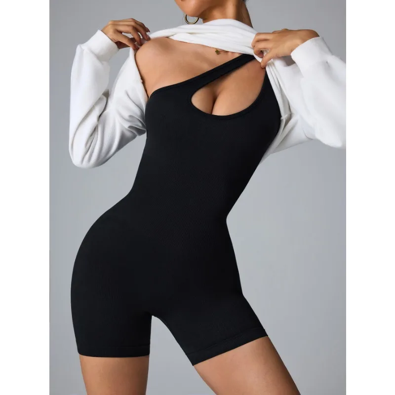 

Women One Shoulder Sexy Jumpsuits Seamless Slim Short Bodysuit High Elastic Fitness Sport Yoga Clothes Black Knit Jumpsuit Woman