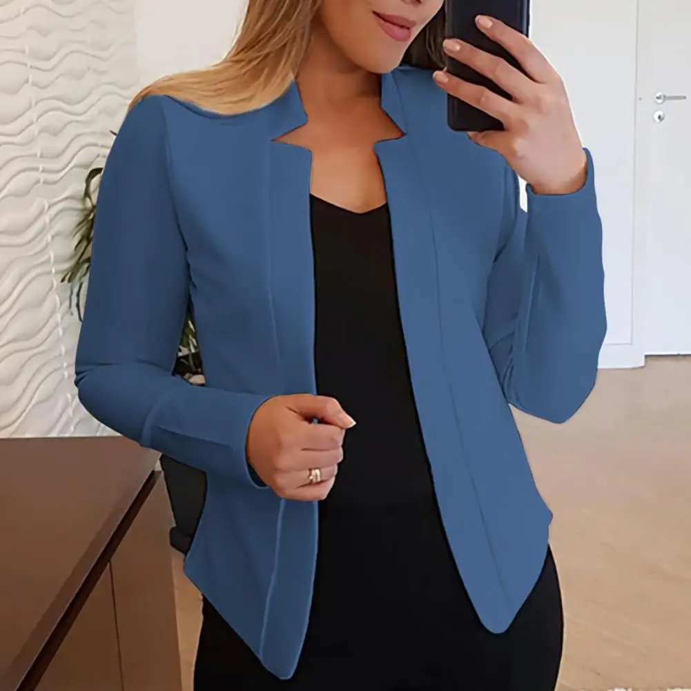 

Stylish Office Ladies Blazer Solid Color Anti-fade Women Blazer Office Work Notched Collar Open Stitch Cardigan Blazer