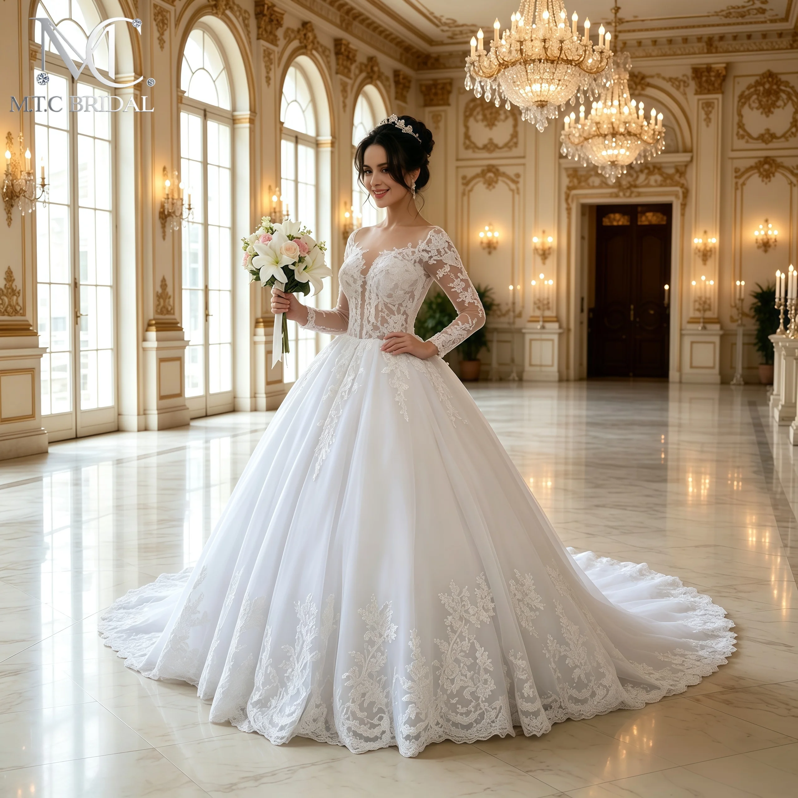 Stunning Long Sleeves Tulle Wedding Dress With Train Gorgeous Lace Appliques Corset Back Plus Size Bridal Gowns For Wedding