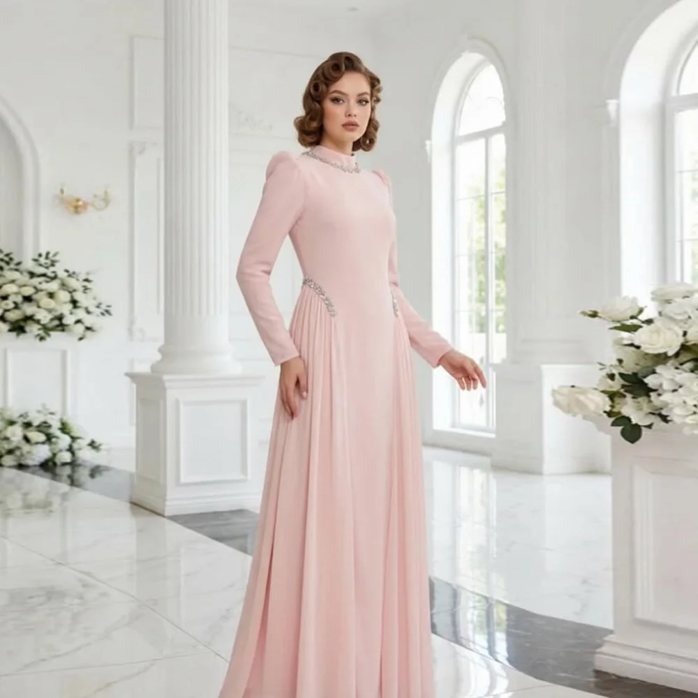 Customized High Neck Long Sleeve Mother of the Bride Dress Crystal Neck Full Sleeves Robes De Soirée Wedding Guest Dresses