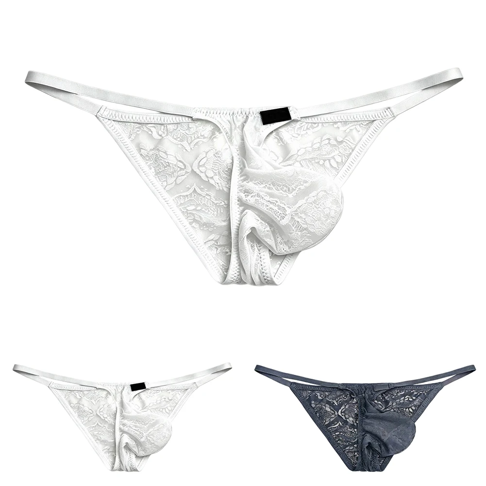 Men Bikini Underwear Thongs Lace Jacquard Briefs See Through Thin Breathable High Fork G-strings Sissy Jockstrap Pouch