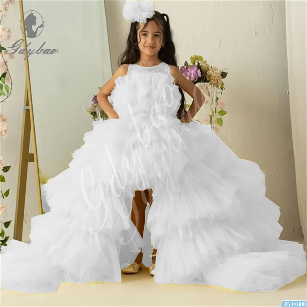 

Party Princess Dresses White Flower Girl Dress For Wedding Layered Tulle Puffy Asymmetrical length First Communion Birthday