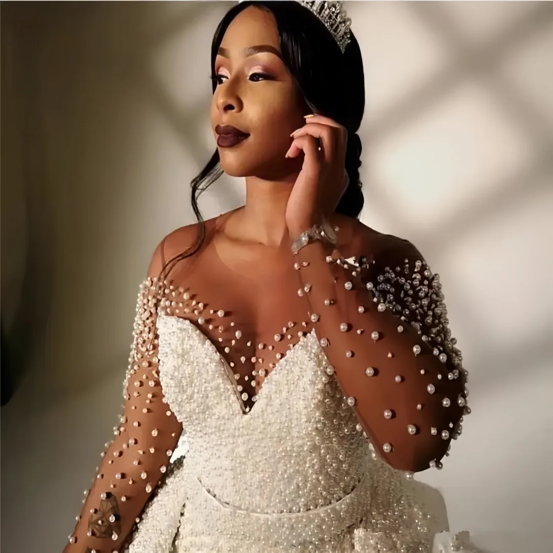 Customzied  Long Sleeves  Size Mermaid Wedding dresses Overskirt Pearls Removable Beaded Illusion  Bridal Gowns Vestido De Novia