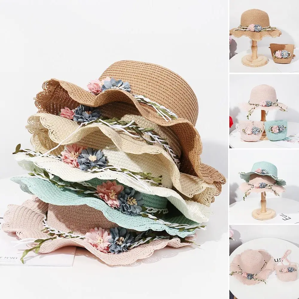 1 Pcs Summer Hats Girls Flower Wide Brim Hat Casual Toddler Baby Straw Hat with Shoulder Bag Sun Beach Travel Sunshade Caps