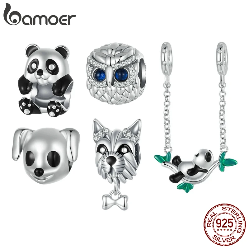 Bamoer 925 Sterling Silber niedlichen Panda Eulen Schnauzer Charms Perlen passen europäische Armbänder Halskette DIY Schmuck Geschenk scc2811