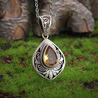 Retro Ethnic Style Drop-Shaped Citrine Zircon Pattern Pendant Necklace for Women Fashion Banquet Elegant Jewelry Gift