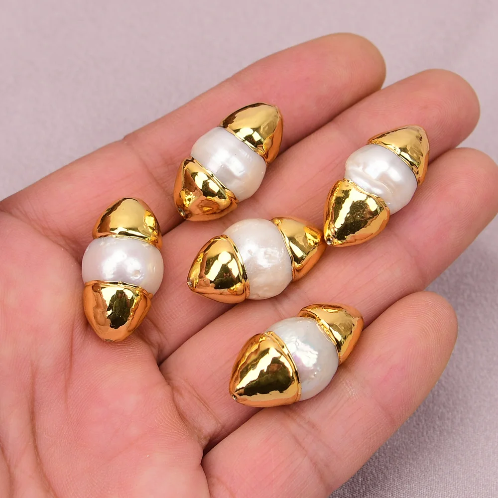 

APDGG Wholesale 5 Pcs Freshwater Cultured White Keshi Pearl Gold Edged Beads DIY